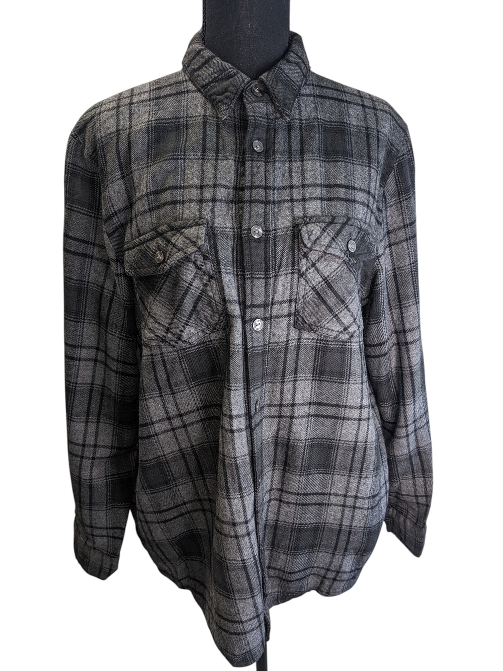TNA Men's Wool Blend Black and Gray Plaid Button-Down Shirt Boyfriend Fit Size M